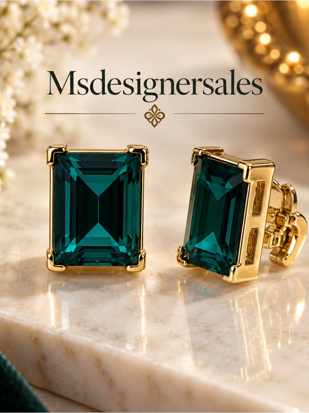 Gold-Plated Emerald Green Rectangular Stud Earrings